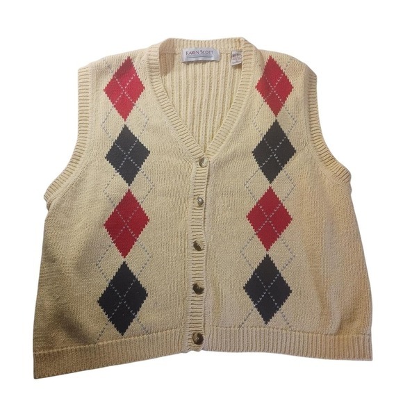 Karen Scott Jackets & Blazers - Karen Scott Argyle Button Front Sweater Vest Womens‎ Large Cream Knit V-Neck